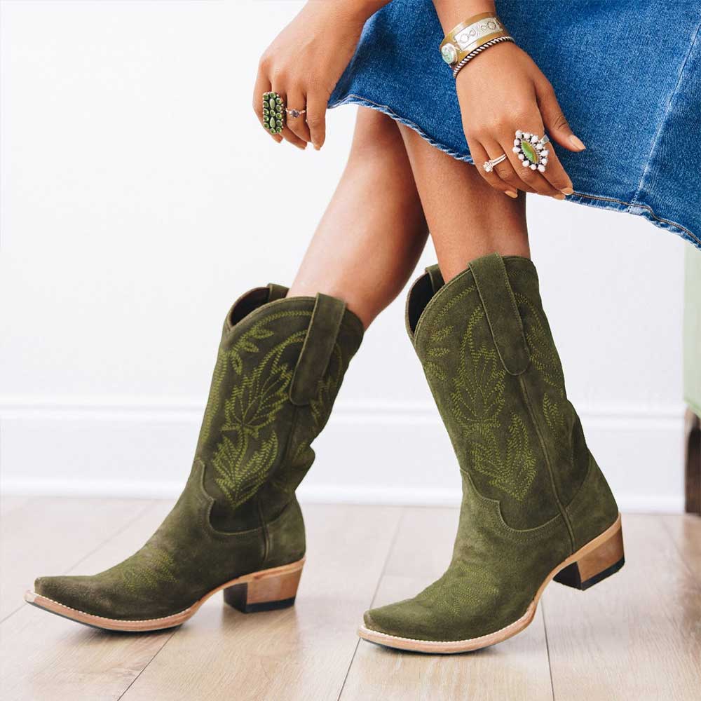 Olive Plant Embroidered Snip Toe Chunky Heel Mid-Calf Cowgirl Boots Nicepairs