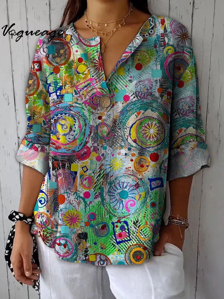 Fashionable And Bright Creative Patterns Printed Cotton And Linen Shirt