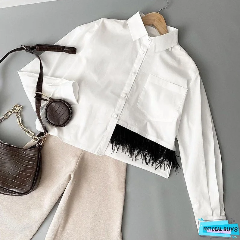 Back to school Casual Long Sleeve Feather Patchwork White Shirt Women Spring Button Up Lapel Chic Blouse Streetwear Simple Crop Top Oversized