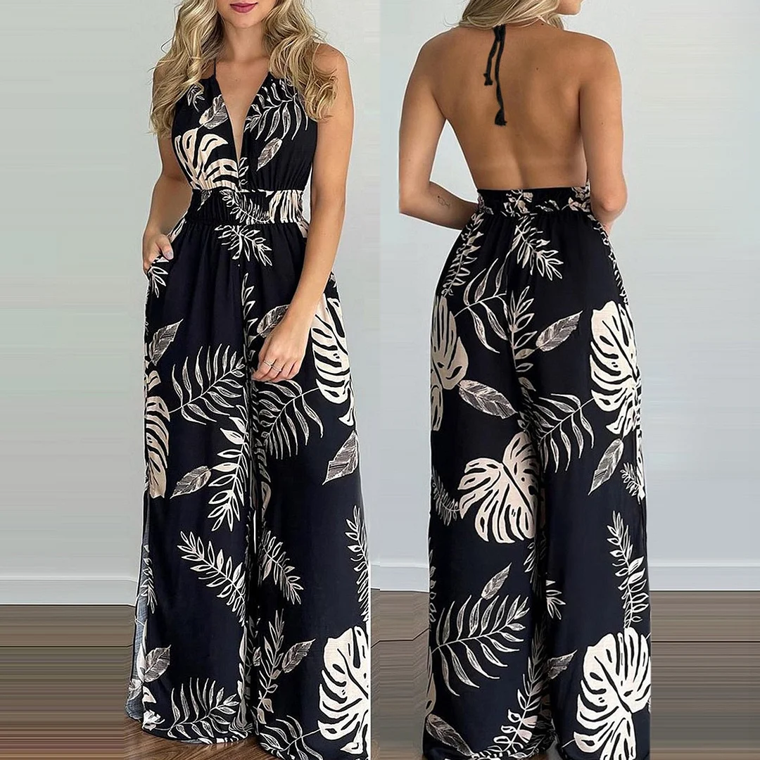 Women Summer Sexy Floral Print Jumpsuits Boho Sleeveless Backless Long Overalls Rompers Female Beach Loose Jumpsuit 2021