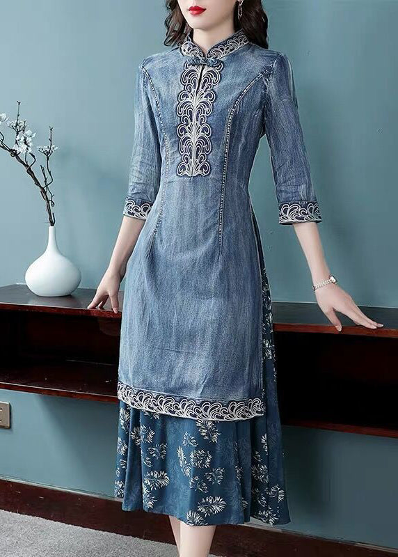 VCSHOES Blue Stand Collar side open Embroideried Patchwork denim Dress Three Quarter sleeve