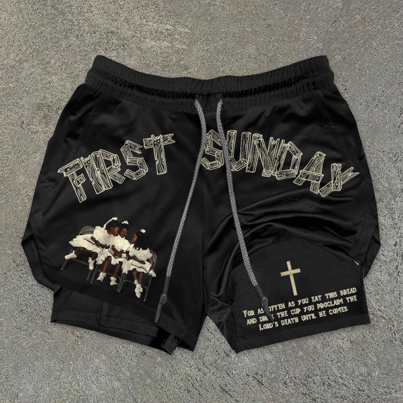 Sopula Retro First Sunday Faith Graphic Print Double Layer Quick Dry Performance Gym Shorts - SOPULA