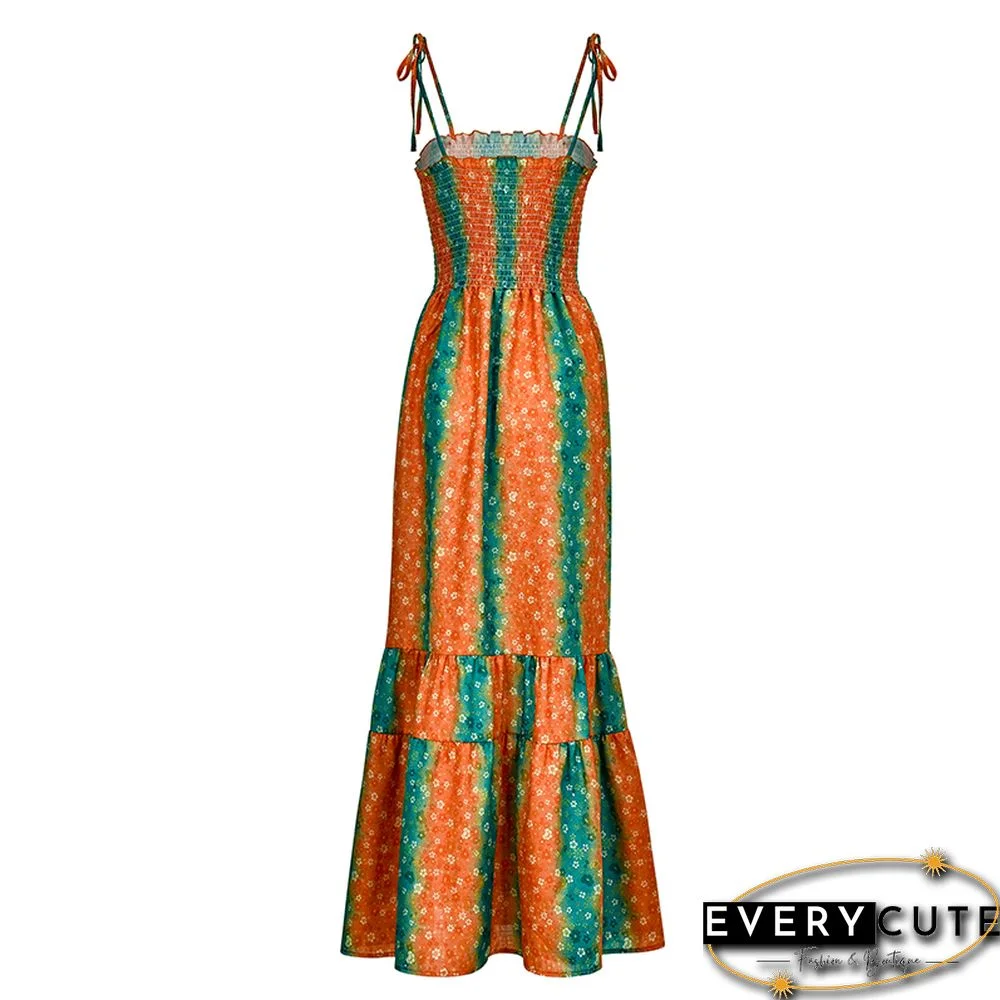 Orange Floral Print Spaghetti Straps Maxi Boho Dress