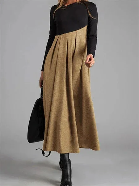 Brownm Brownm Autumn And Winter New Woolen Dress Contrast Color V-Neck Long Sleeve Splicing Large Hem Dress