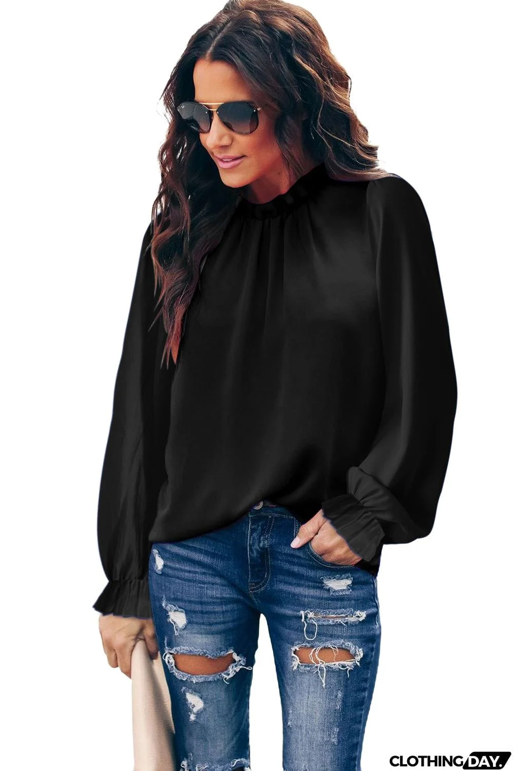 Frilled Mock Neck Balloon Sleeve Blouse