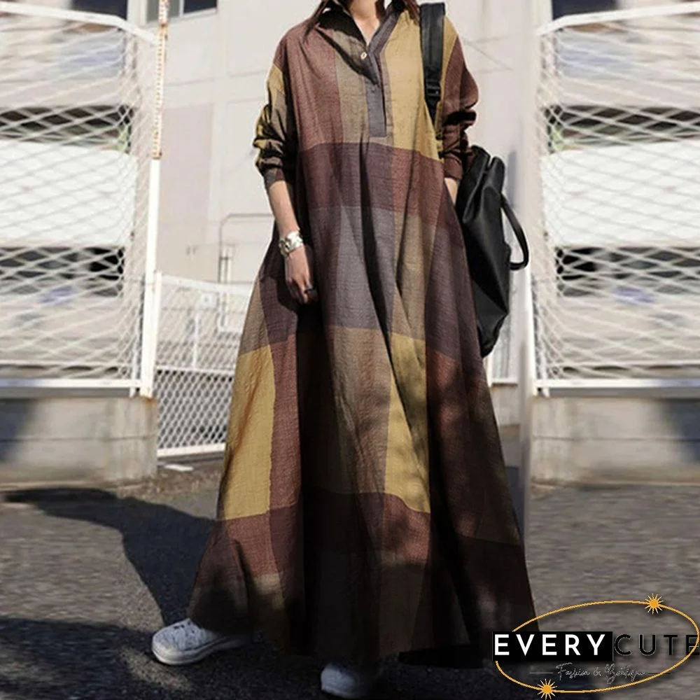 Women Kaftan Full Sleeve Length Oversize Ladies Casual Plaid Check Maxi Shirt Dress Plus Size