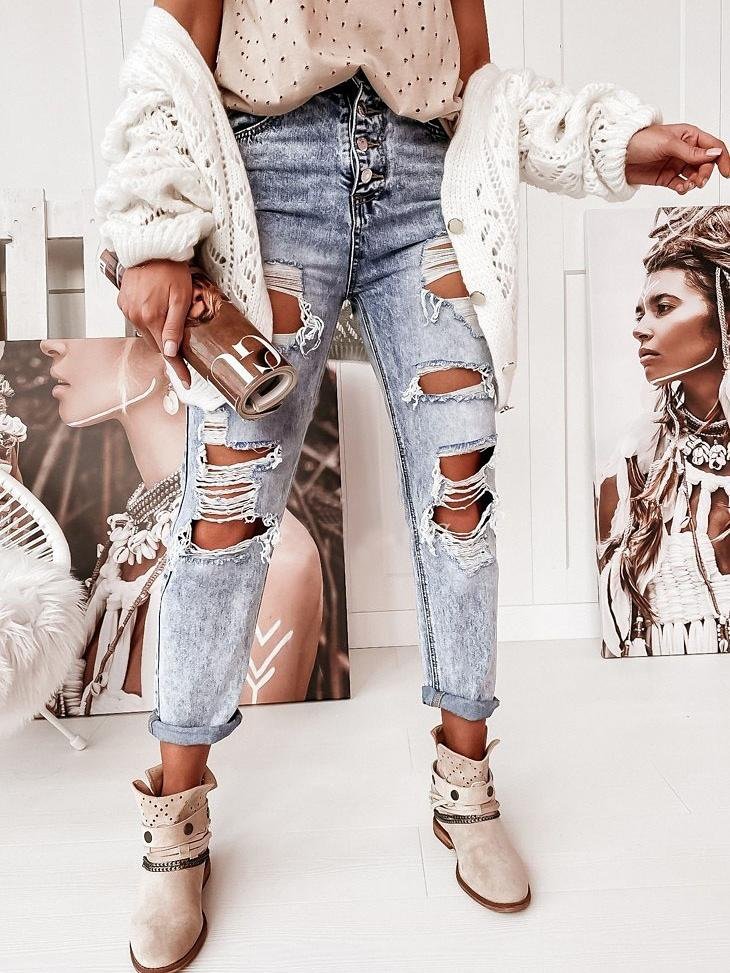 Women's Jeans Casual Washed Mid-Rise Ripped Straight-Leg Jeans