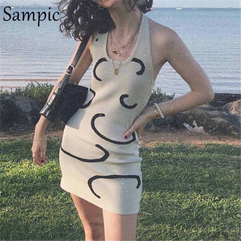 Sampic Sexy Women Summer Beach 2021 Casual Knitted Sweat Halter Mini Dress Ladies Fashion Party Wrap Bodycon Off Shoulder Dress