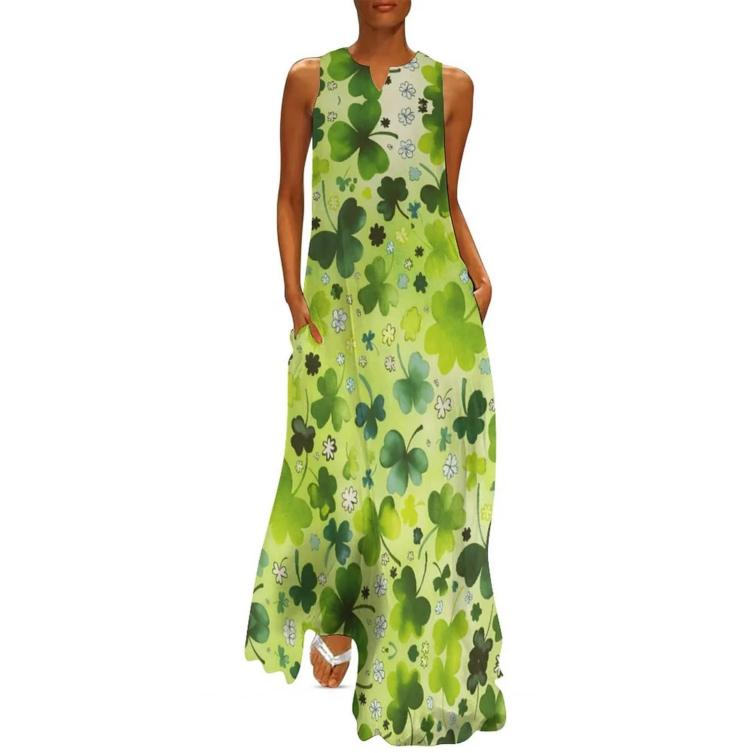Style & Comfort for Mature Women Plus Size Printed Sleeveless Casual Women Maxi Dress with Pockets in Pattern St. Patrick's Day, Green, Clover, Lucky