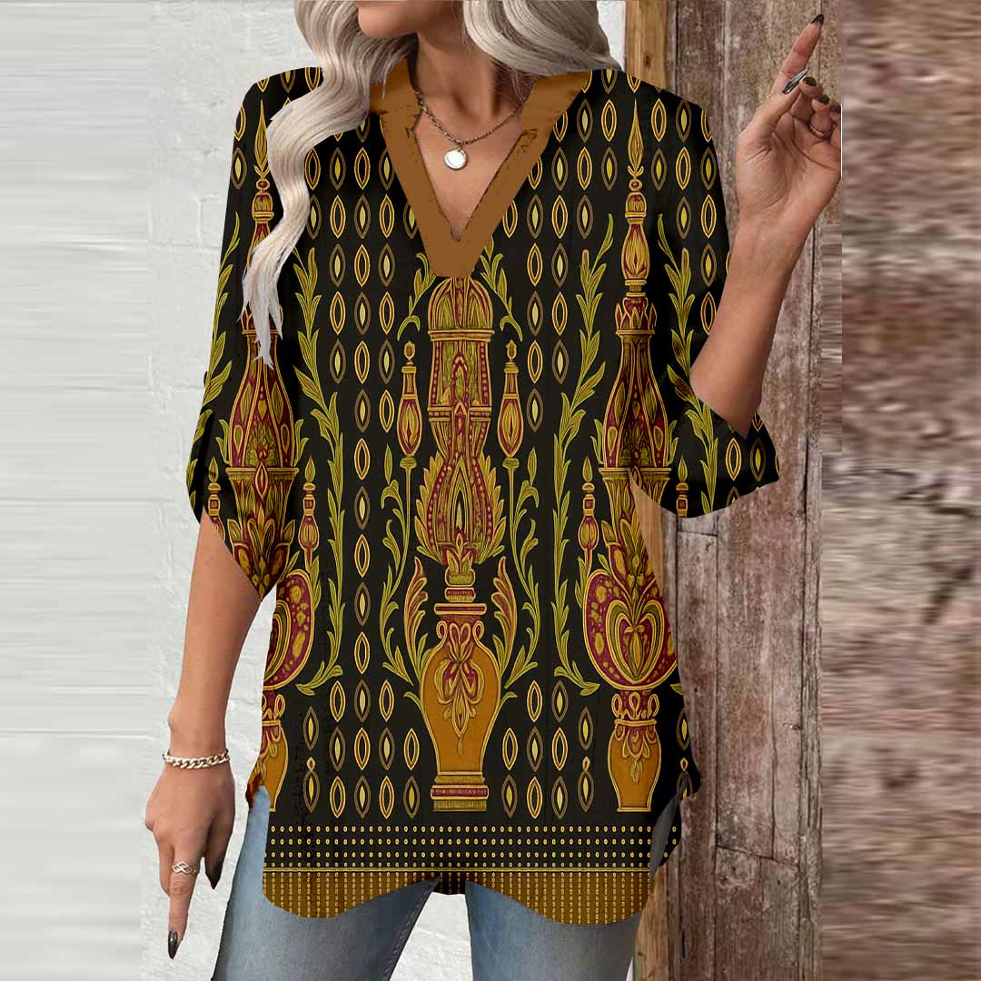 Women Retro, Black, Brown DZGA0408 3/4 Sleeve V-neck Printed Graphic Button Tops