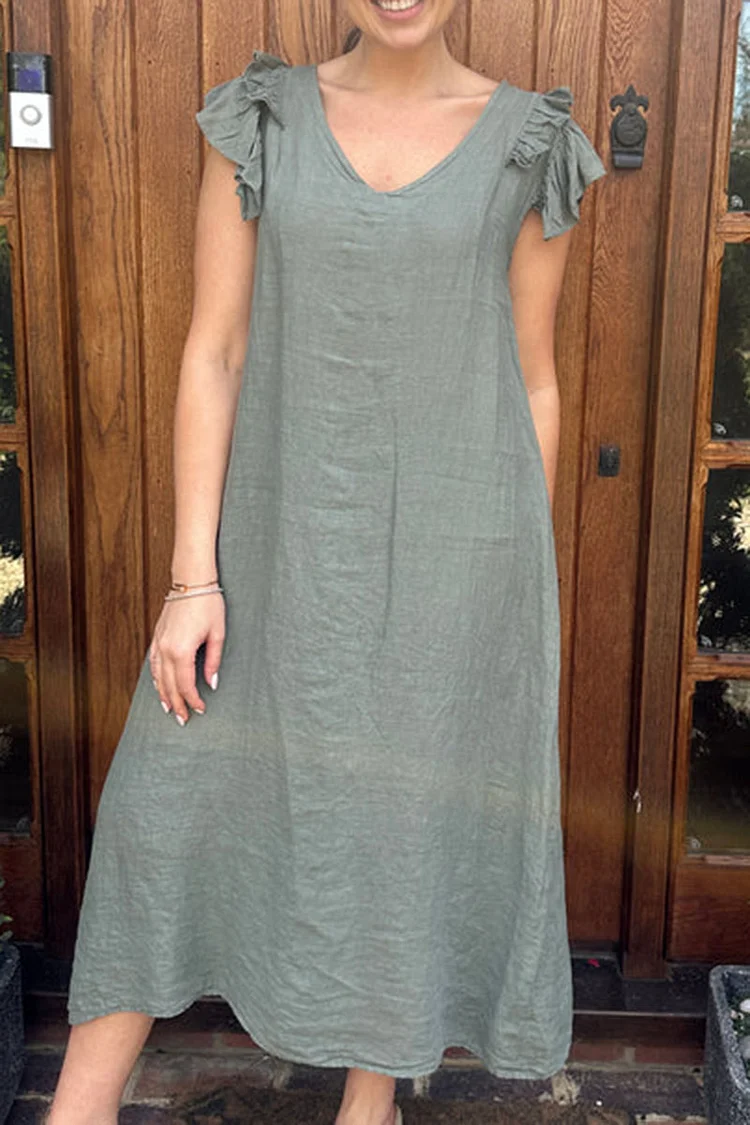 Ruffle Trim V Neck Sleeveless Plain Linen Midi Dresses [Pre Order]