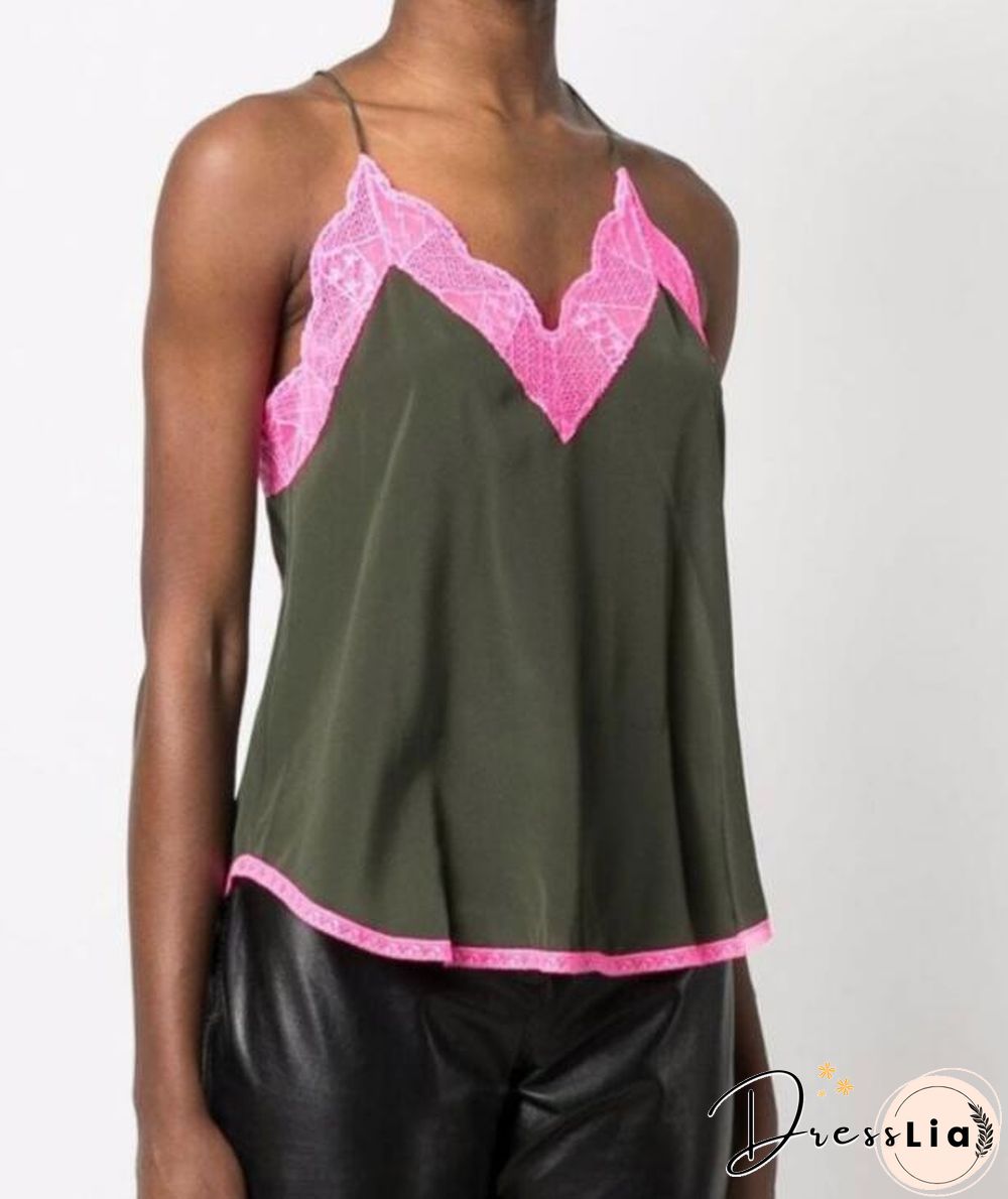 Silk Women New Style Romantic Neckline Exquisite Lace Stitching Letter Printing Girls Camis Vest