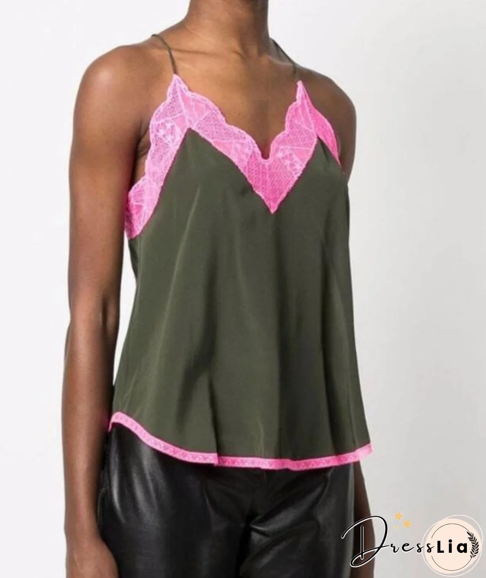 Silk Women New Style Romantic Neckline Exquisite Lace Stitching Letter Printing Girls Camis Vest