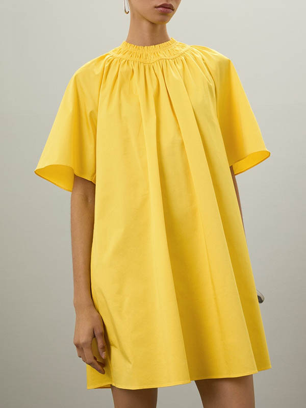 A-Line Loose Elasticity Pleated Split-Joint Streamer Round-Neck Mini Dresses Shirt Dress