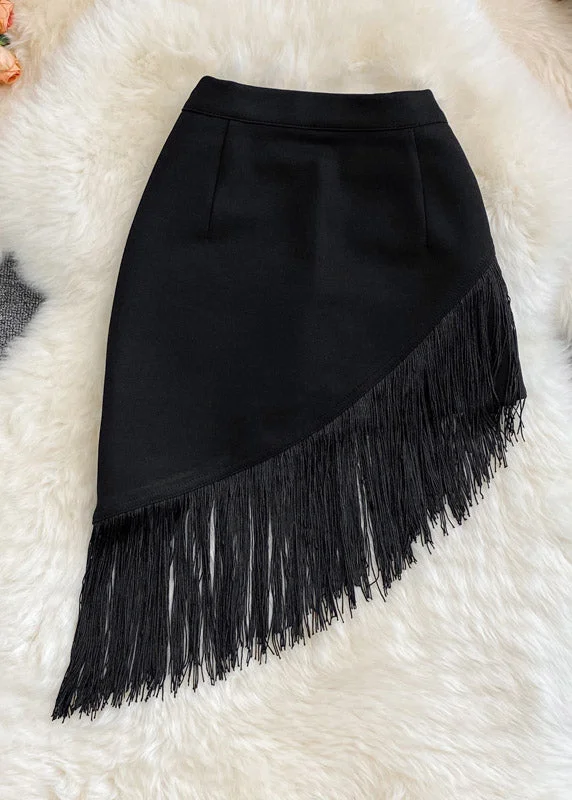 Fashion Black Asymmetrical Tassel High Waist Skirt Summer