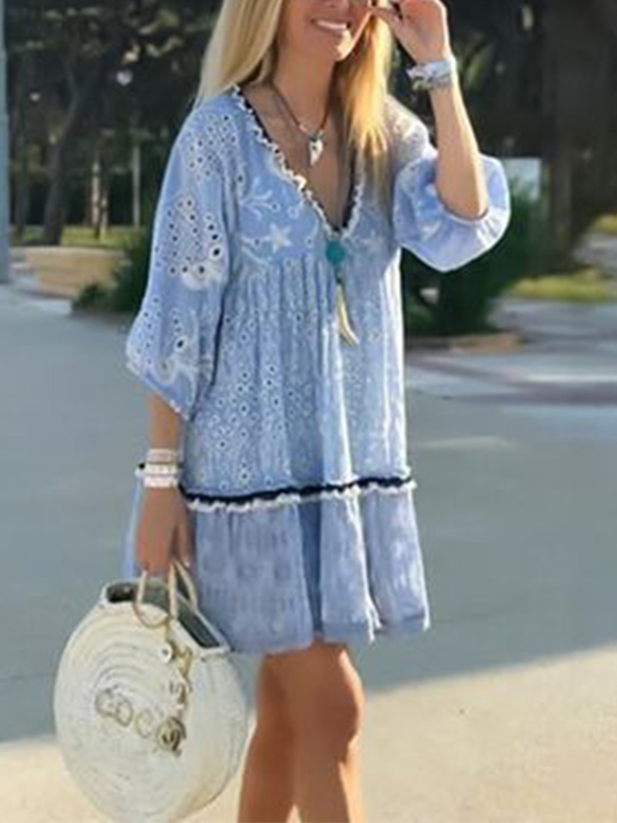 Blue Shift V Neck Ruffled Casual Dresses