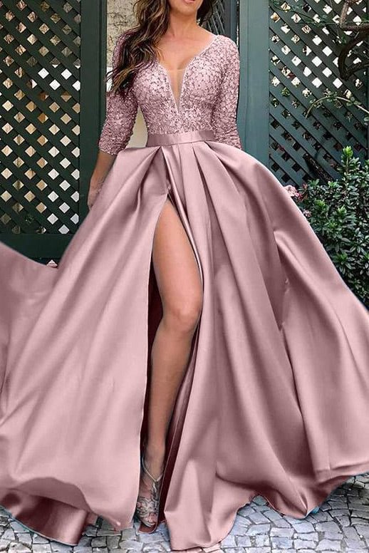 Sexy Pink Slit A-Line Formal Gown Prom Dress - BlackFridayBuys