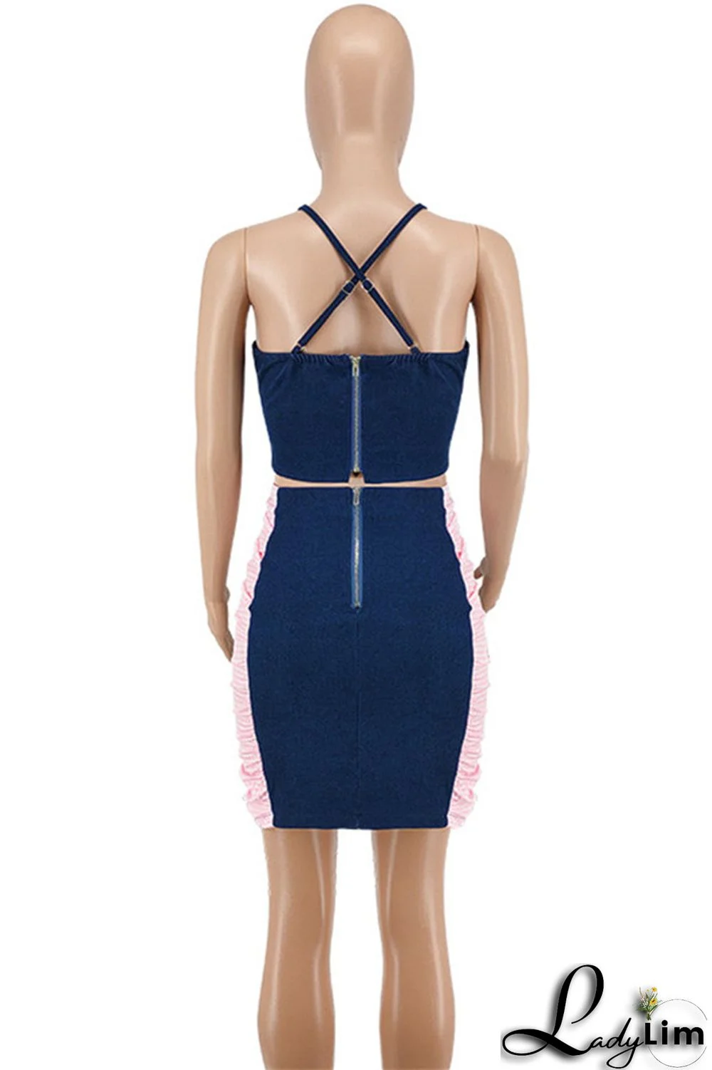 Black Fashion Sexy Plaid Patchwork Backless Asymmetrical Spaghetti Strap Sleeveless Two Pieces