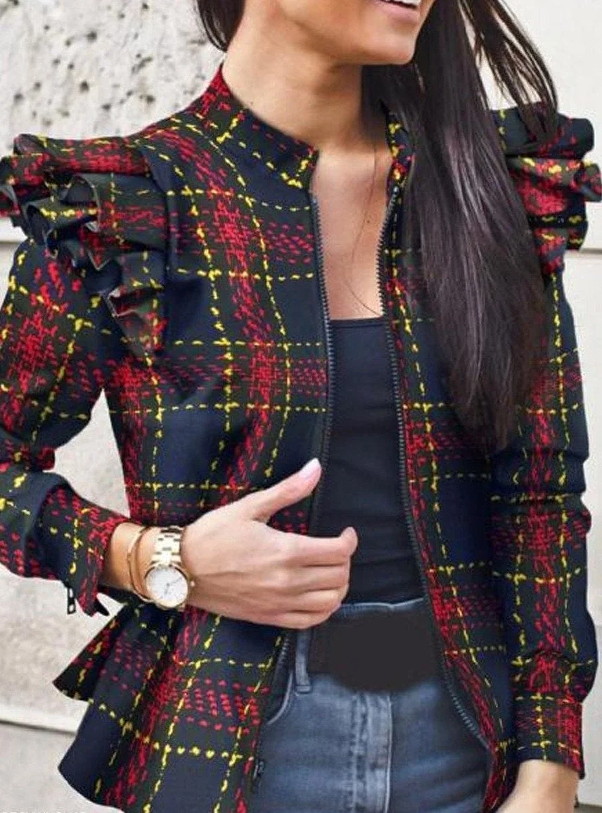 Autumn And Winter Long-sleeved Ruffle Stitching Zipper Print Small Coat For Women | EGEMISS