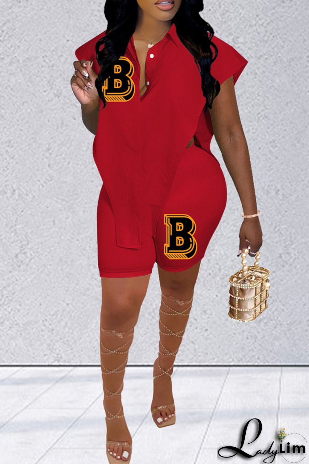 Red Fashion Casual Letter Print Asymmetrical Turndown Collar Sleeveless Two Pieces