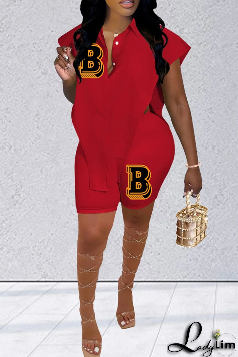 Red Fashion Casual Letter Print Asymmetrical Turndown Collar Sleeveless Two Pieces