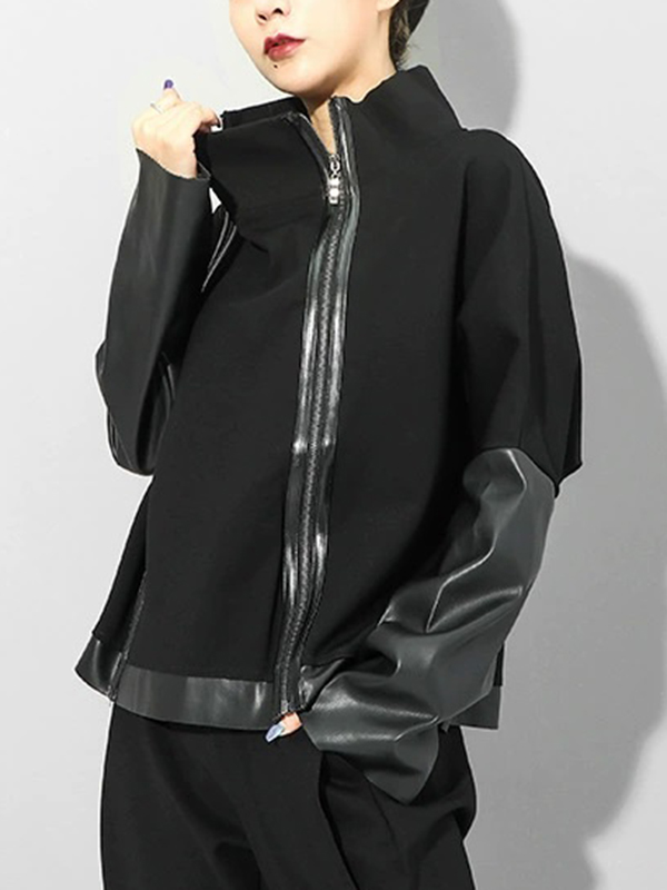 PU Spliced Double Zipper Personalized Hoodie