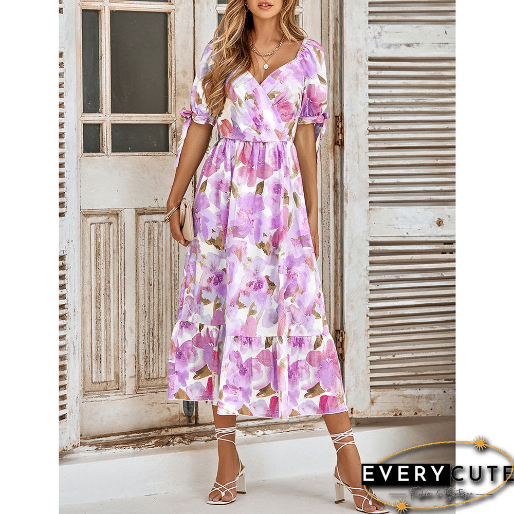 Purple Pink Floral Print Puff Sleeve Long Dress