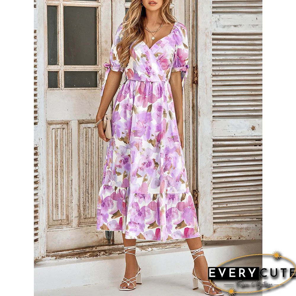 Purple Pink Floral Print Puff Sleeve Long Dress