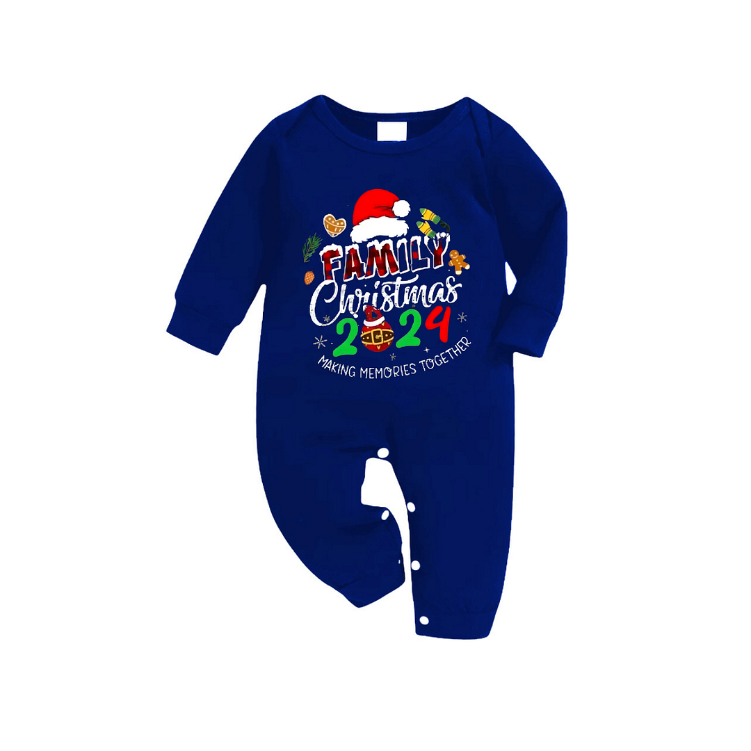 "Family Christmas 2024 Making Memories Together" Text and Santa Hat Printed Blue and White Plaid Family Matching Pajamas