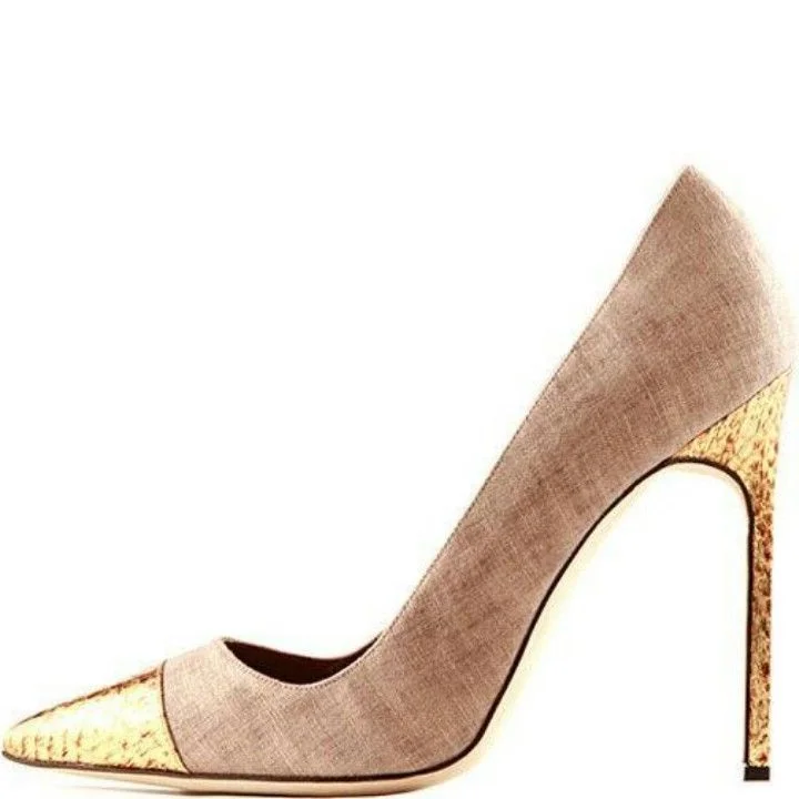 Khaki and Gold Stiletto Heels Pointy Toe Pumps for Women |FSJ Shoes