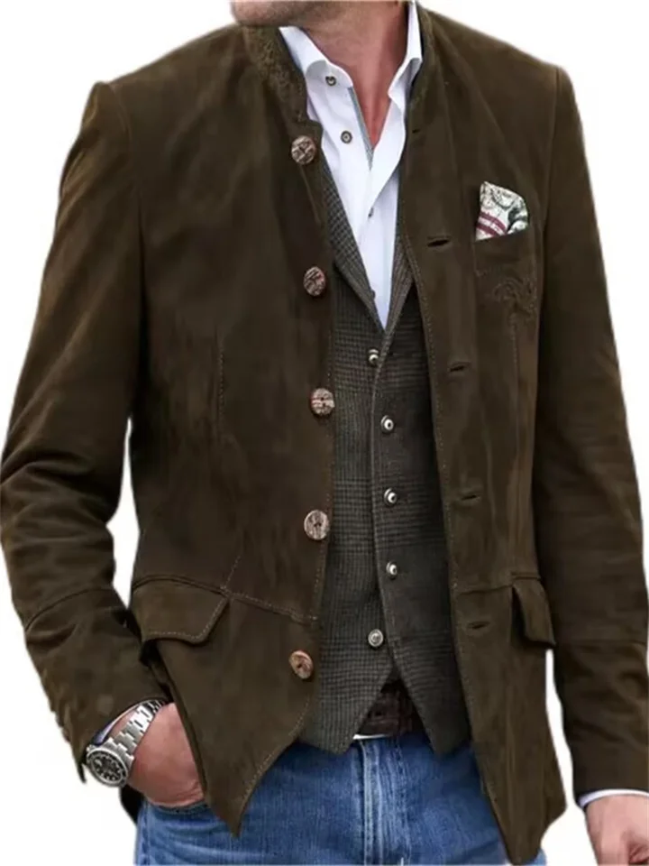 Men's New Suede Jacket Button Collar Men's Casual Solid Color Coat-JRSEE