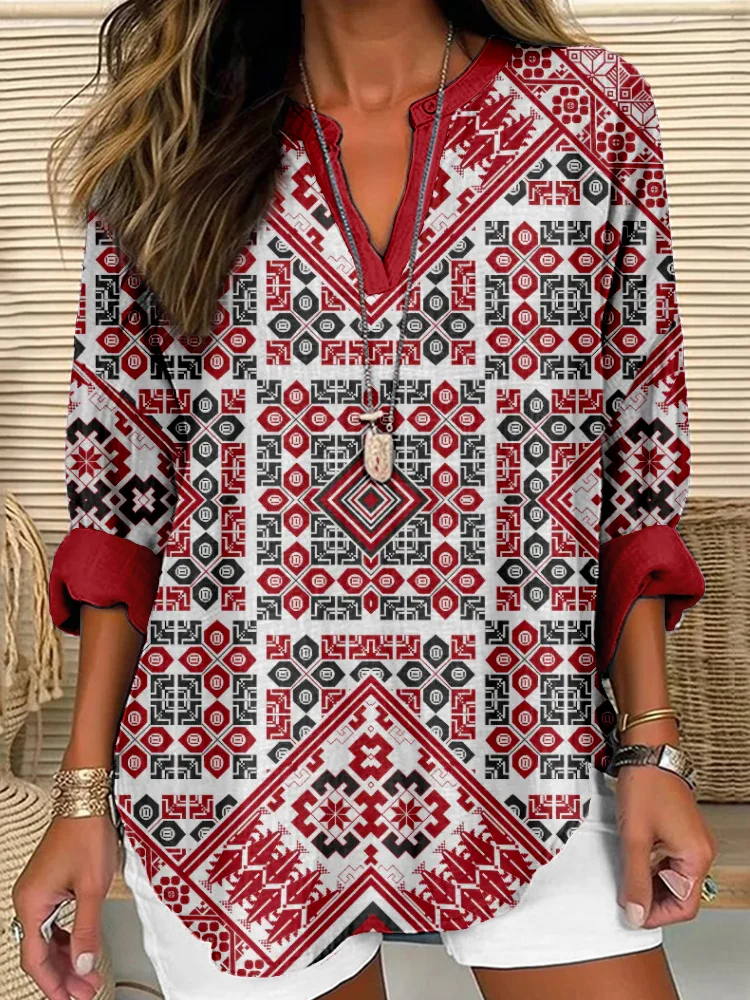 Vintage Palestine Tatreez Pattern Linen Blend Shirt