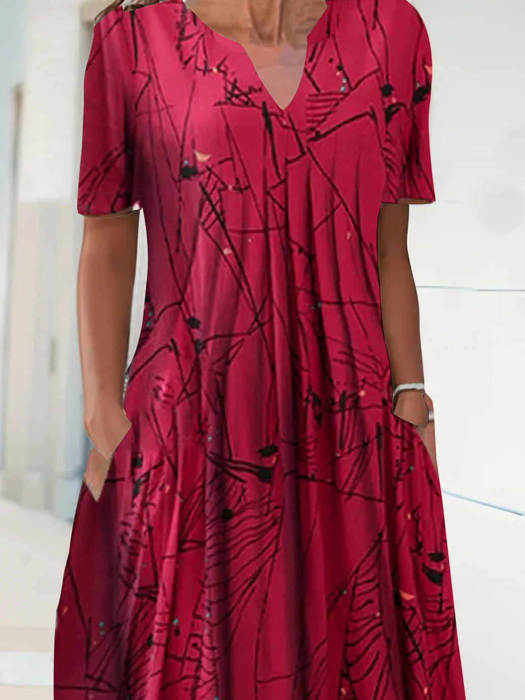 Women Half Sleeve V-neck Solid Color Dress