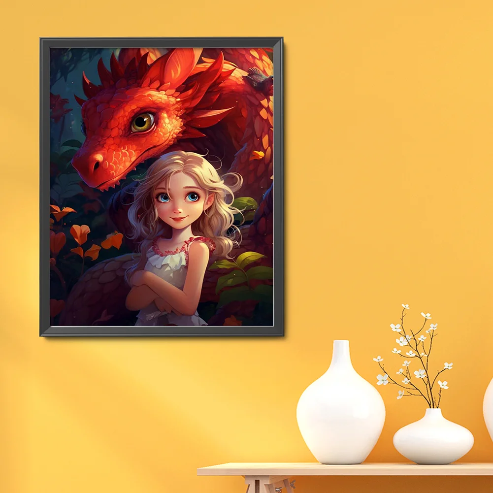 9CT Full Cross Stitch Bead Embroidery - Girl Dragon(Canvas|40*50CM)
