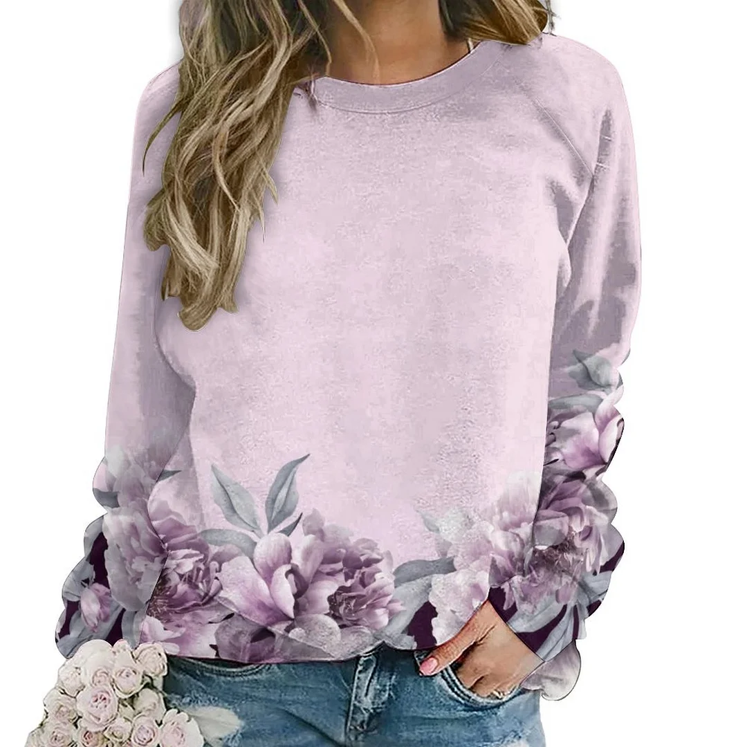 Printed Long Sleeve Casual Sweatshirt for  Women and Men Unisex Pattern Floral, Purple, Light Purple