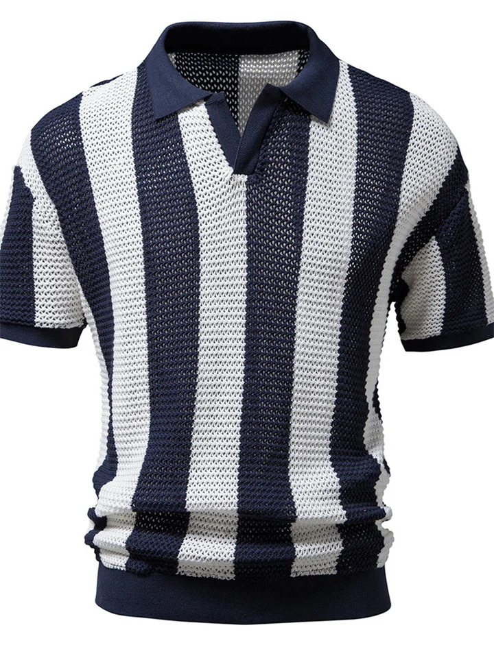 Men's Summer Lapel Net Shirt Hollow Short-sleeved Fishing Net Shirt Trend Men's Striped Breathable Moisture Absorption Sweat POLO Shirt-Cosfine