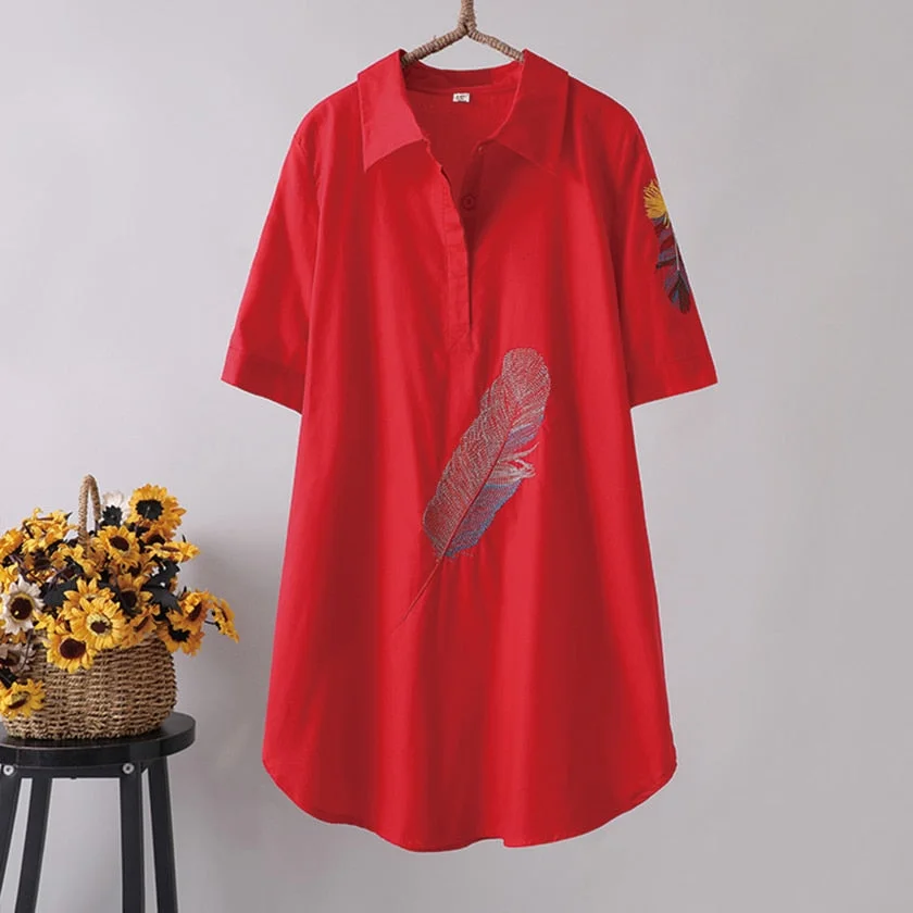 New Arrival Women Feather Embroidery Long Cotton White Blouse Summer Short Sleeve White Female Shirt Turn-Down Collar Top T96401