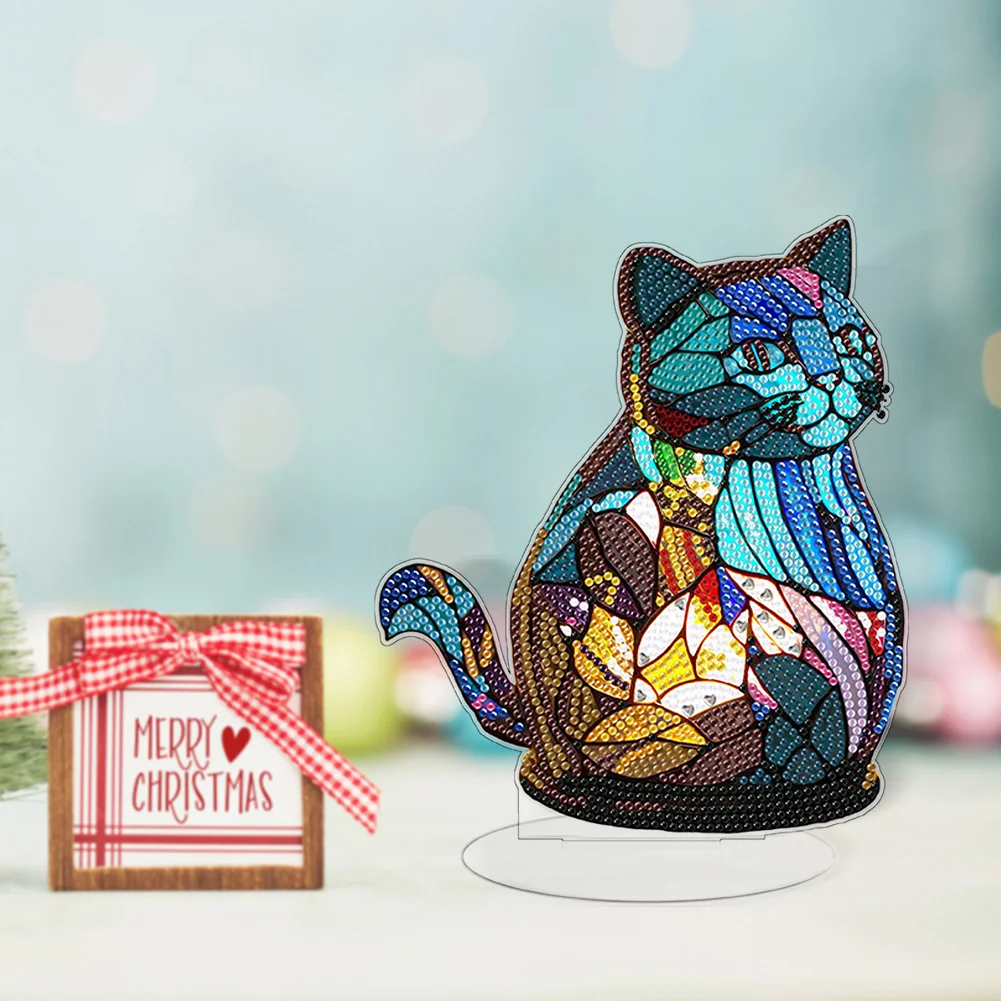DIY Cat Acrylic Single-Sided Diamond Painting Desktop Decoration with Light for Office Desktop Decor