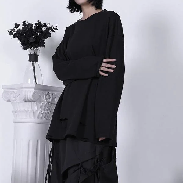 Solid Color Hole T Shirt Women Casual Loose Fashion O Neck Collar Pullover Simplicity Top