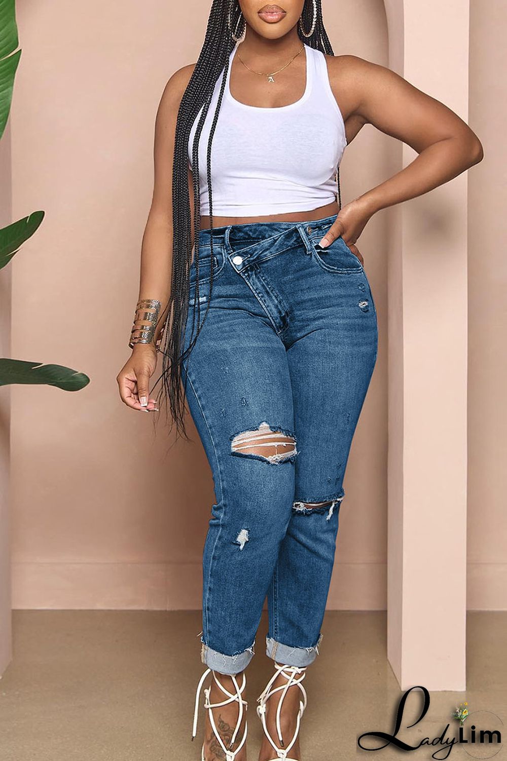 Light Blue Street Solid Ripped Patchwork High Waist Denim Jeans