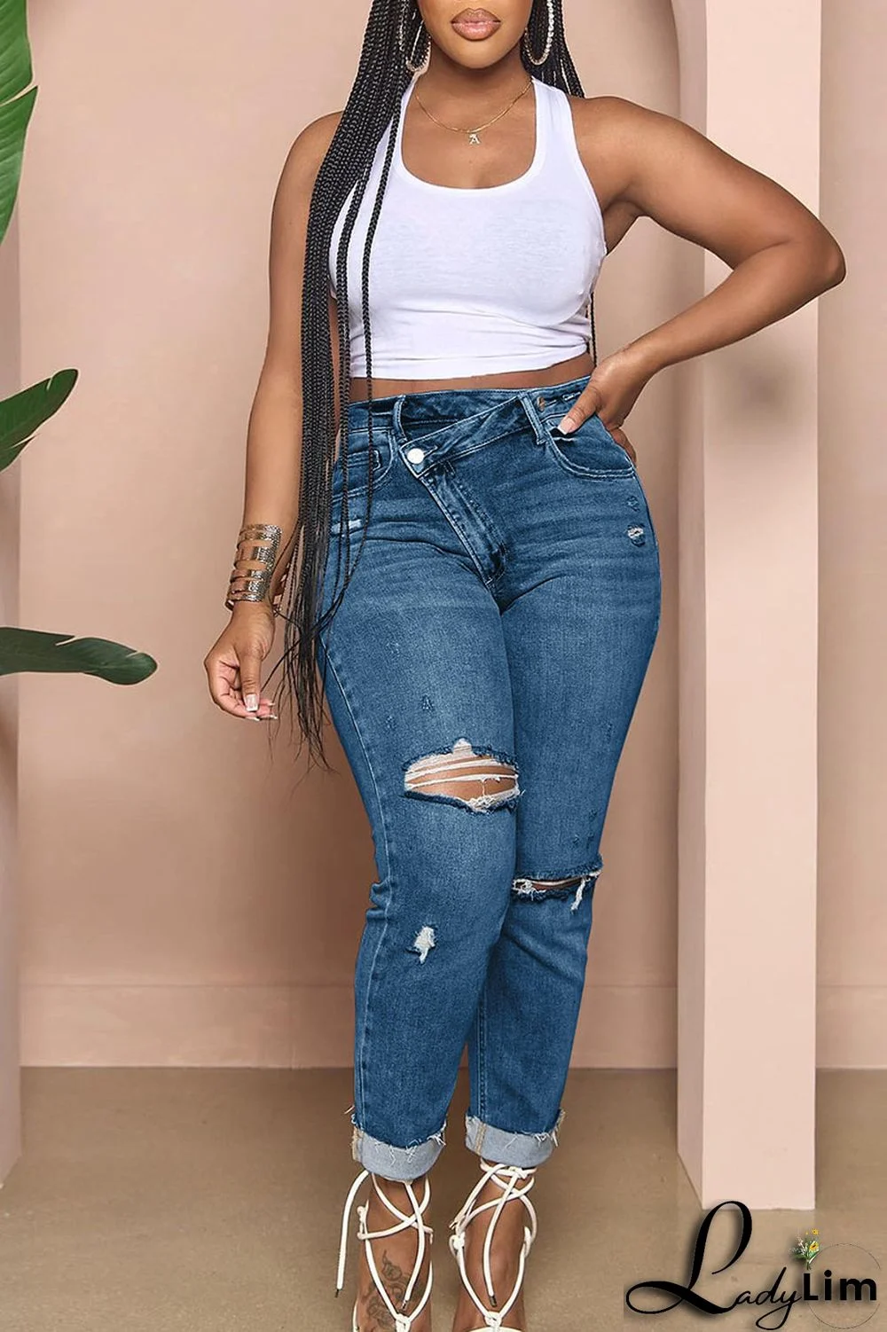 Light Blue Street Solid Ripped Patchwork High Waist Denim Jeans