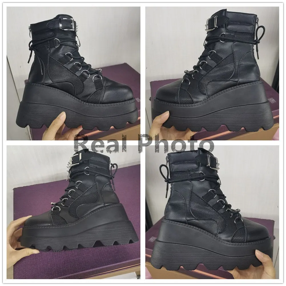 BONJOMARISA 2021 Brand Platform Designer Goth Cool Motorcyle Women Boots Punk Street Zipper Elastic Band Black Ladies Shoes