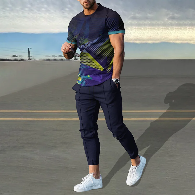 BrosWear Navy Blue Contrast Color Gradient Print T-Shirt And Pants Co-Ord