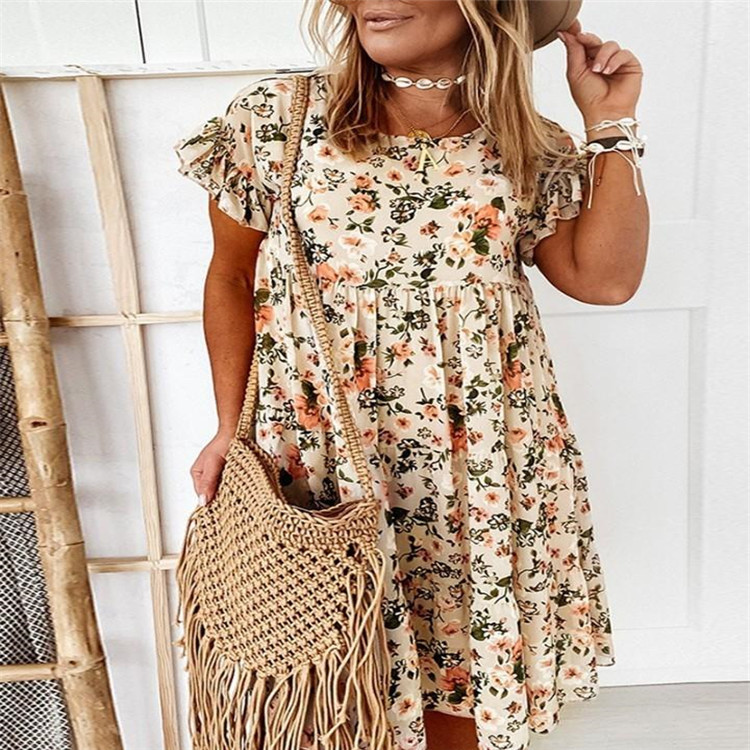 Spring and Summer Round Neck Flower Print Short Sleeve Loose Dress-vocosishoes