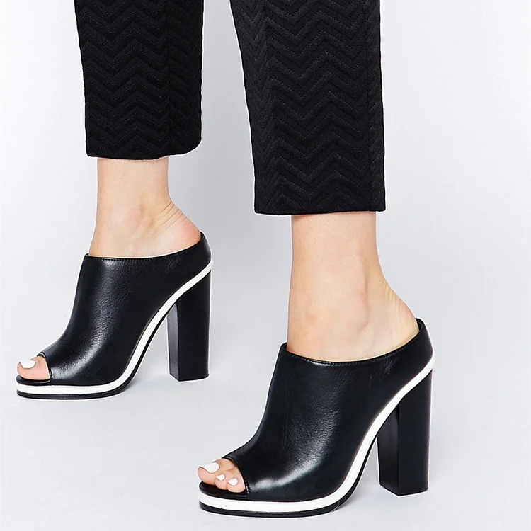 Black and White Peep Toe Heels Platform Mules for Women |FSJ Shoes