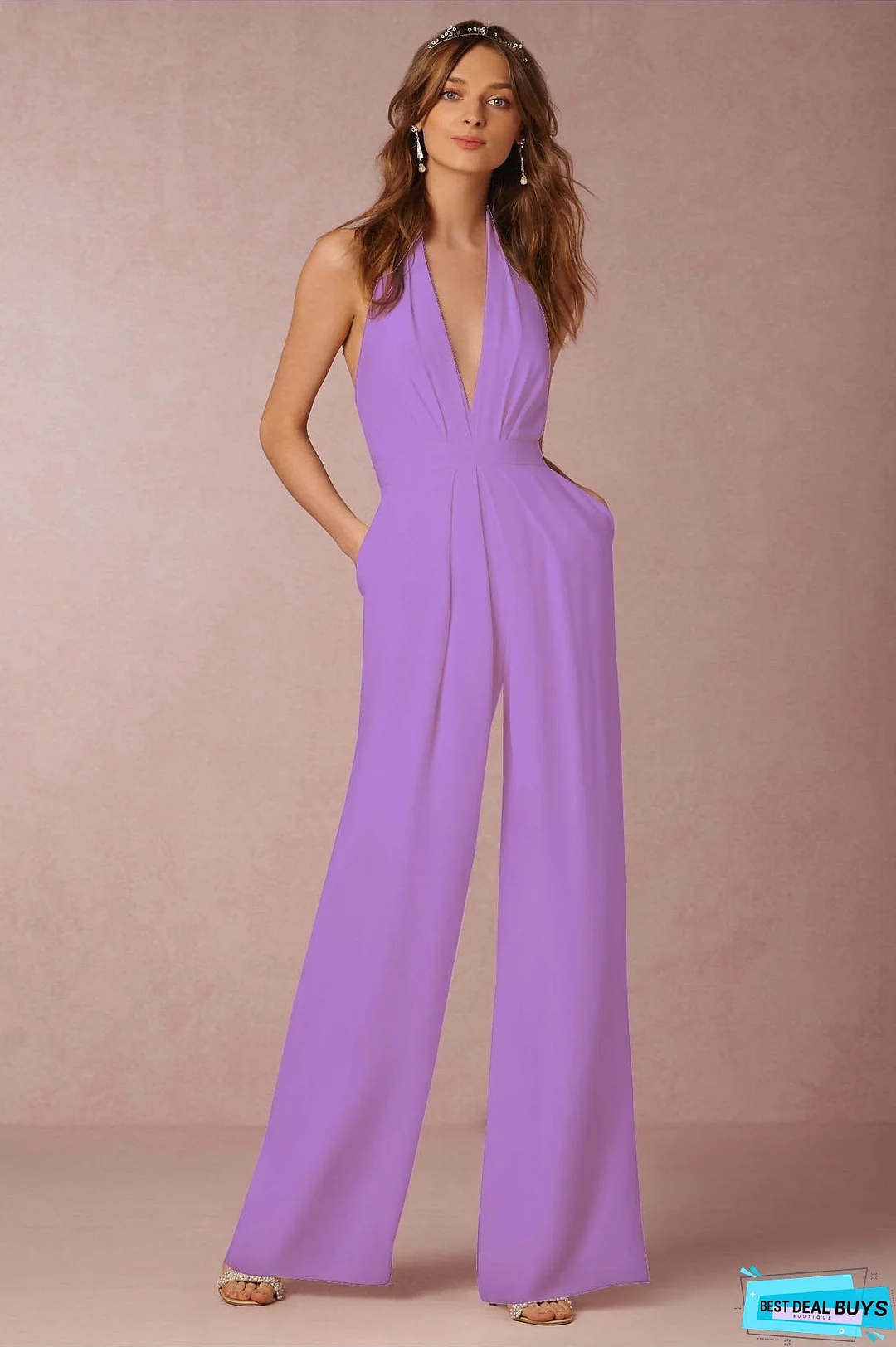 Solid Color Halter Wide Leg Pants Jumpsuit