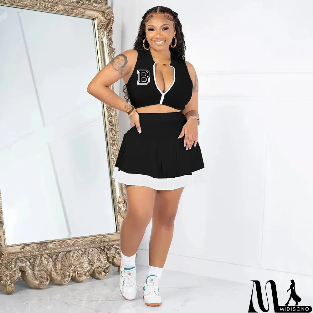 MidiSono - Casual Letter Print Sleeveless Zip Top Splice Pleated Skirt 2 Piece Set