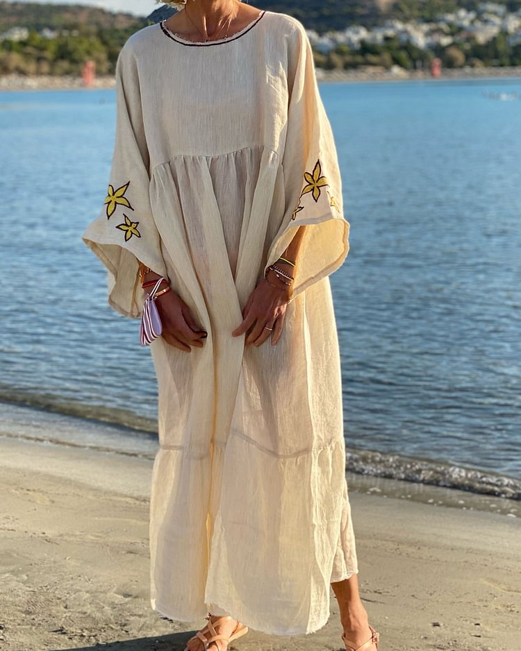 Nude Long Linen Dress with Yellow Embroidery