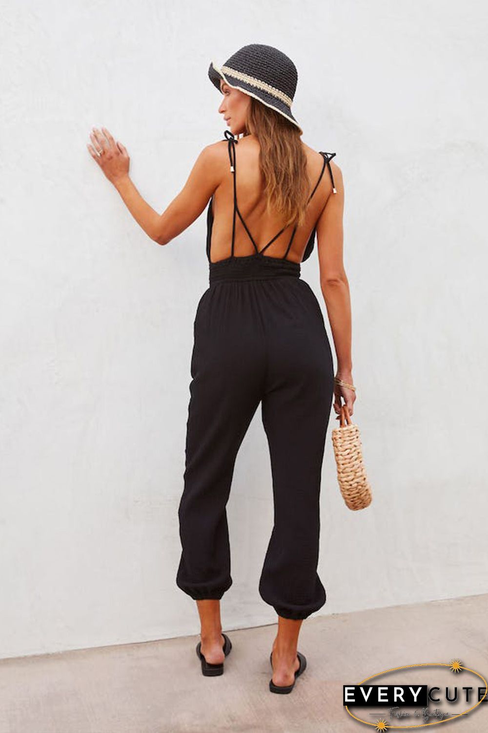 Black V Neck Knotted Shoulder Backless Pocket Jumpsuit
