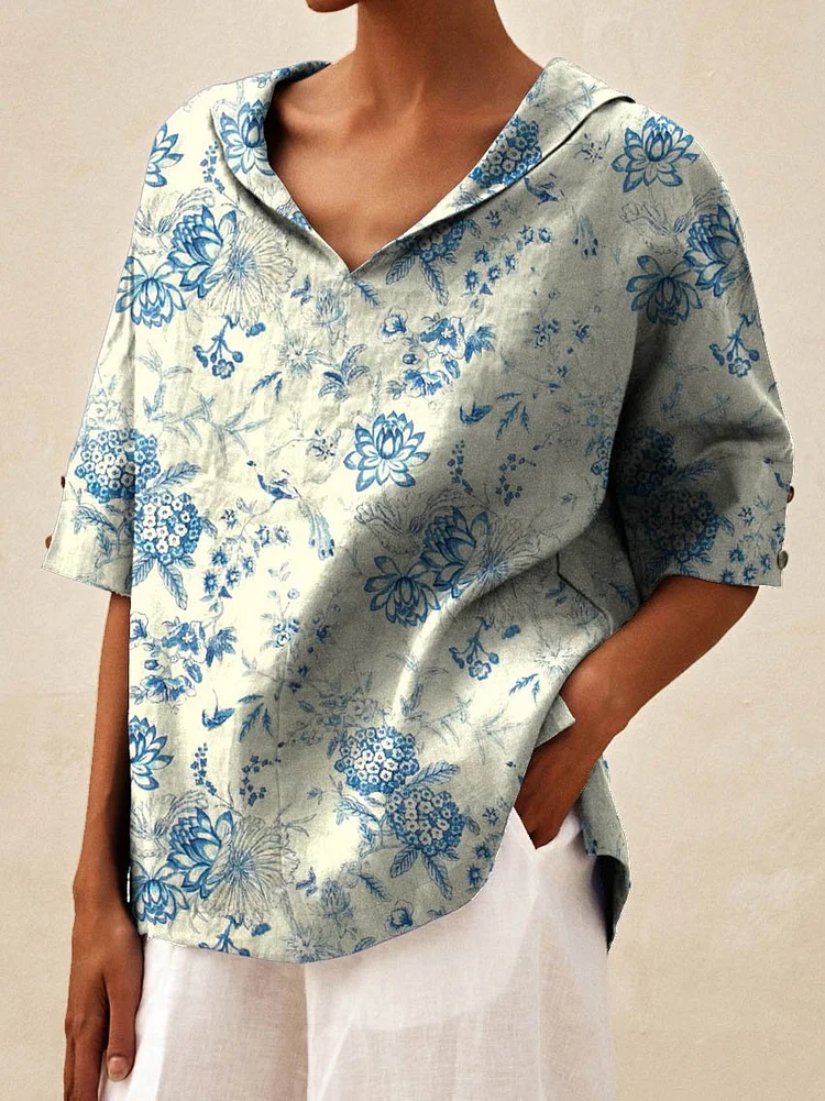 Women's Vintage Floral Art Print Casual Linen V-neck Shirt
